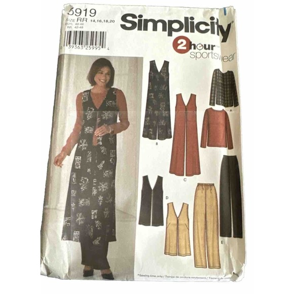 Simplicity 5919 Sewing Pattern UNCUT Jumper Pants Vest Size RR 14, 16, 18, 20 - Picture 2 of 3